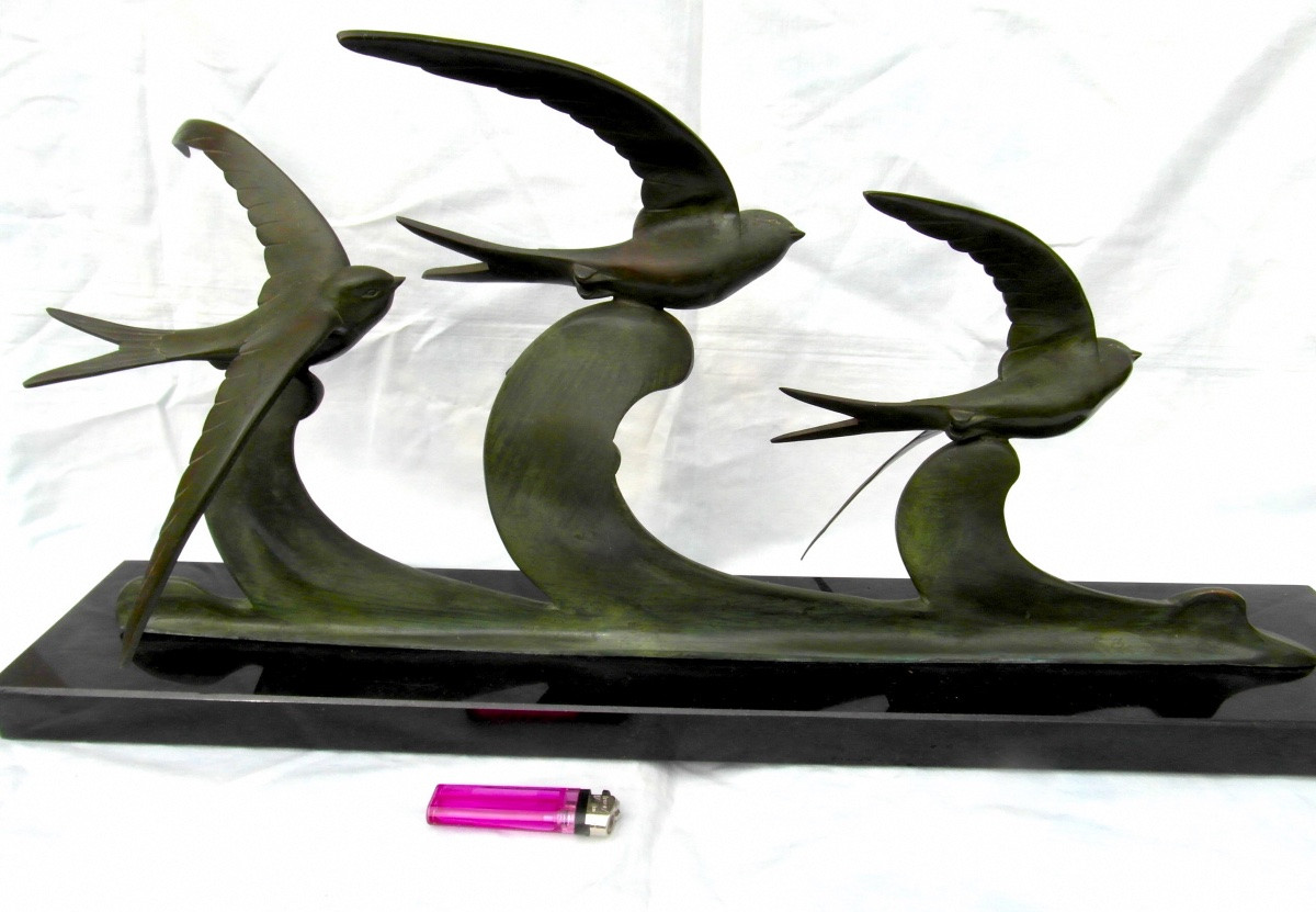 Large Bronze Subject "swallows In Flight" By J.brault, Perfect, 70 Cm, Art-deco Barye Era-photo-5