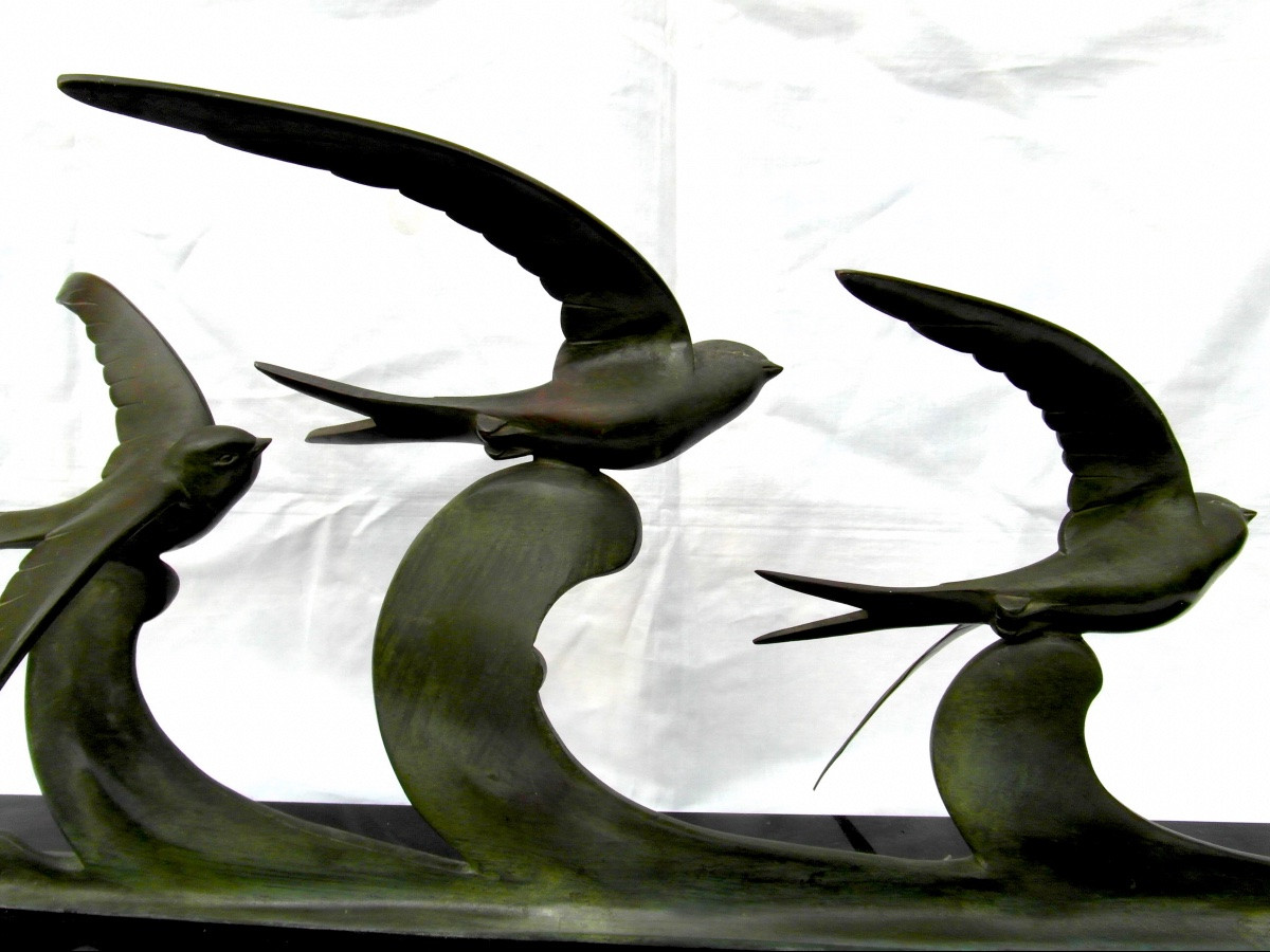 Grand Sujet en Bronze  "Hirondelles en vol"  Par J.brault, Parfait, 70 Cm, Era Art-deco Barye-photo-6