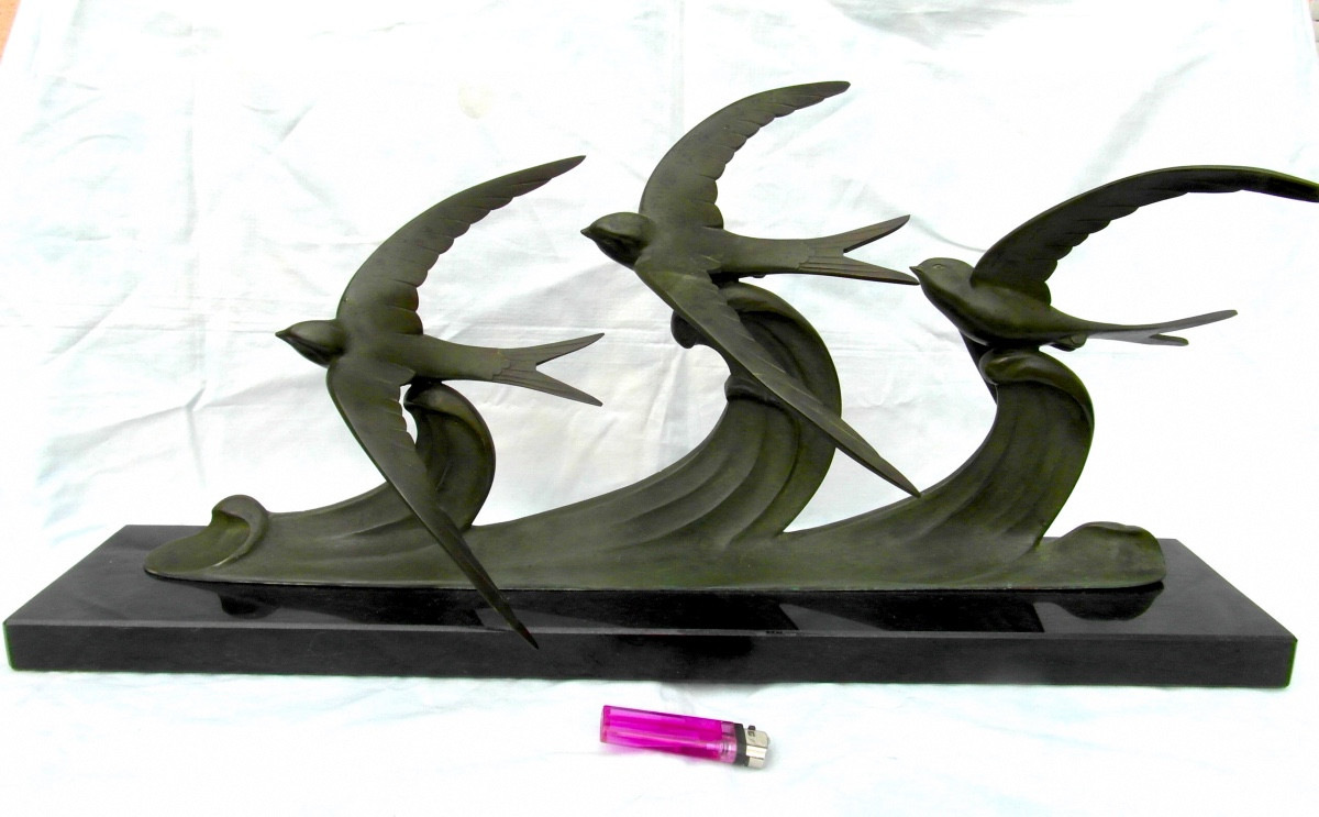 Large Bronze Subject "swallows In Flight" By J.brault, Perfect, 70 Cm, Art-deco Barye Era