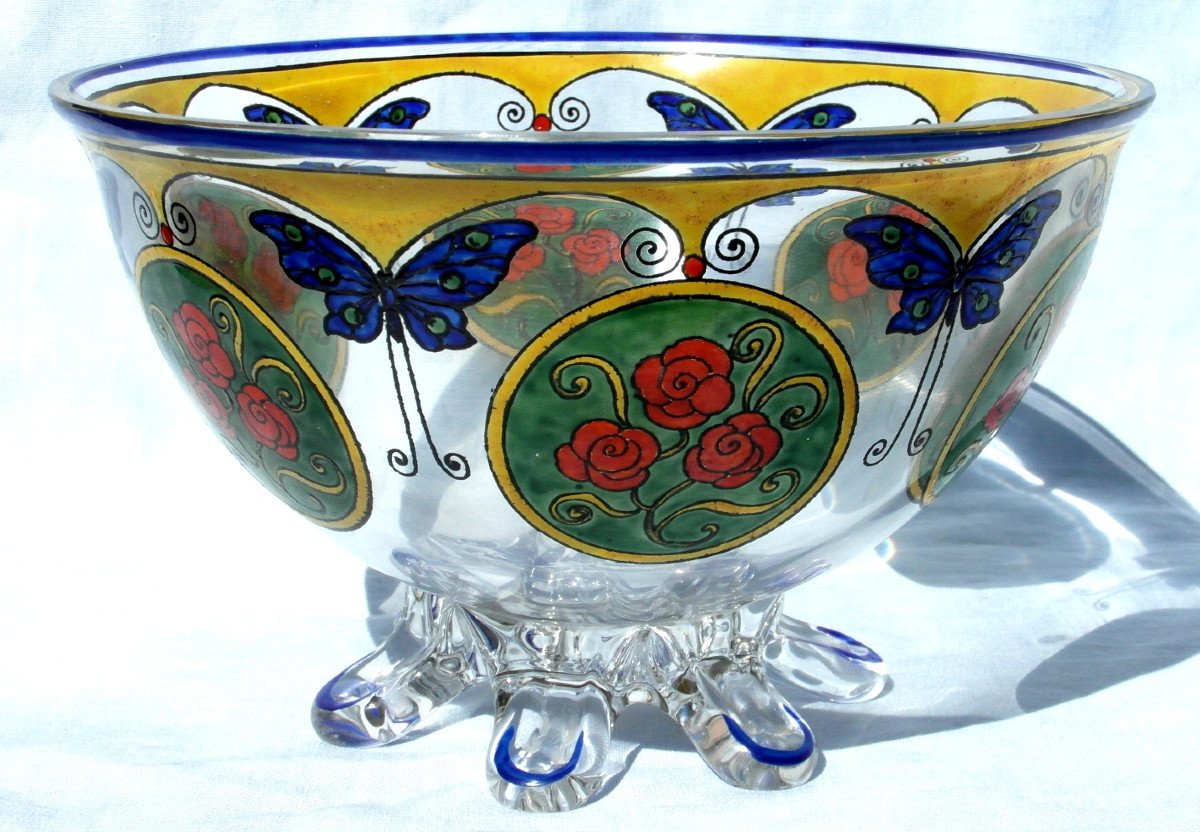 Pretty Art-deco Vase " Roses And Butterflies" By Sevres, Era Daum Galle Goupy-photo-2