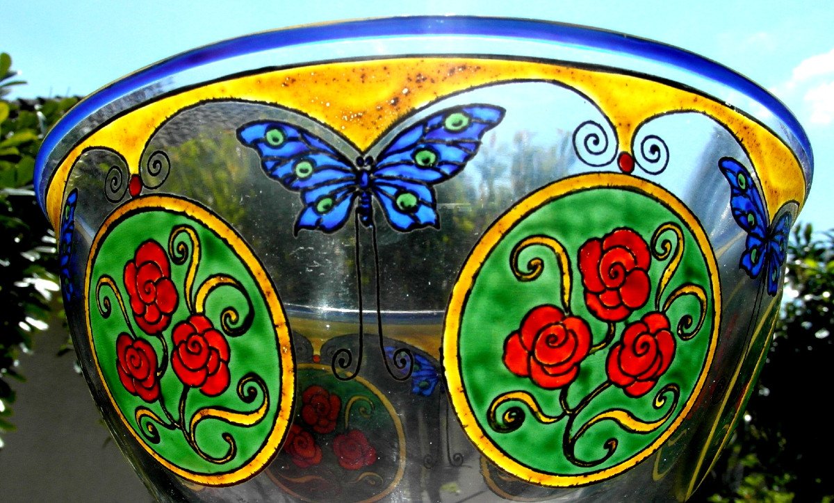 Pretty Art-deco Vase " Roses And Butterflies" By Sevres, Era Daum Galle Goupy-photo-4