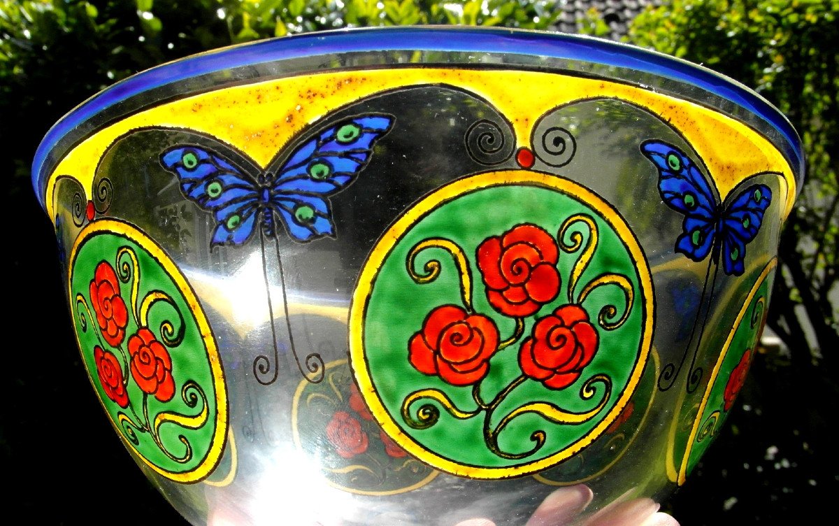 Pretty Art-deco Vase " Roses And Butterflies" By Sevres, Era Daum Galle Goupy-photo-4
