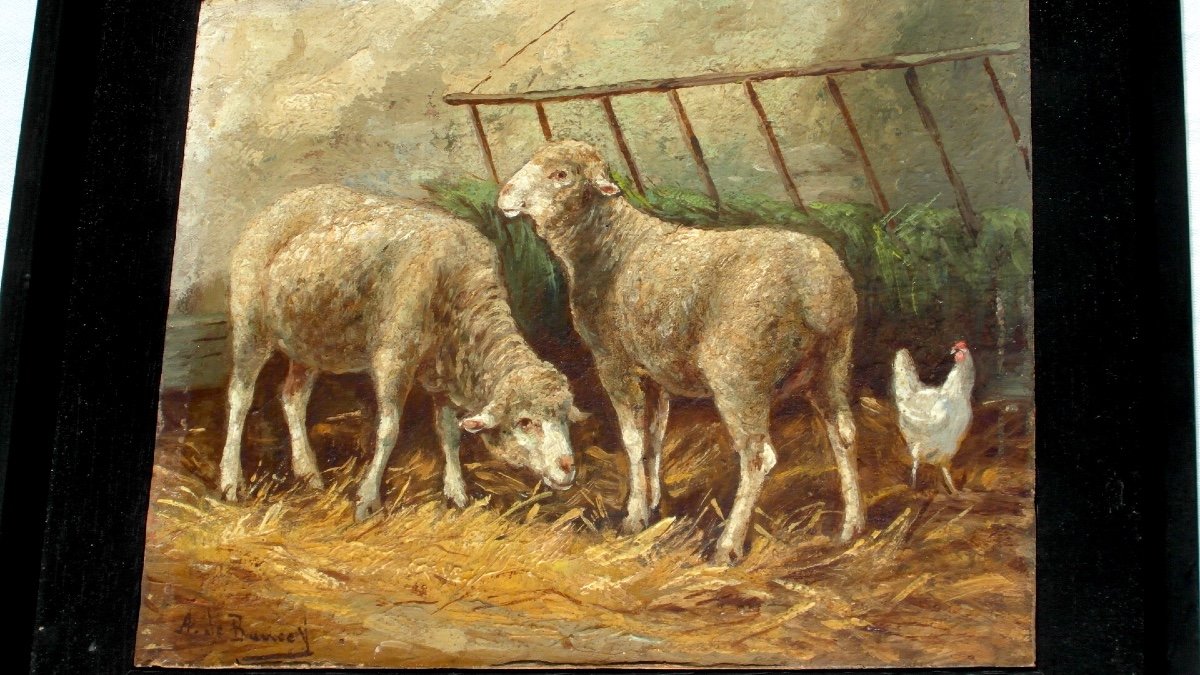 Charming Oil On Panel "sheep" By Philippe Albin De Buncey