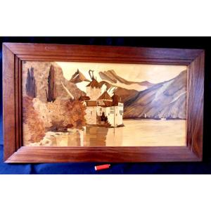 Pretty Large Painting In Marquetry "castle Of Chillon" By Guy, Student Of Galle, Spindler Era