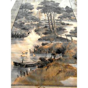 Sublime Grande Tenture Japonaise 19ème "bord De Rivière Avec Pagode"  Era 1900 Daum Meiji