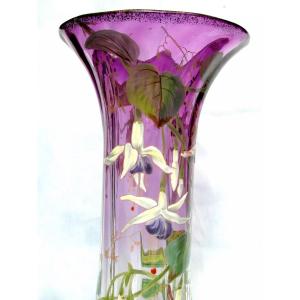 Beau Vase 1900, rare décor De Fuchsias Par Legras, Parfait, Era Daum Galle