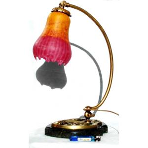  Superbe Lampe Daum, Tulipe Filetée Et Tirée à La Pince, Era Galle Cayette 1900