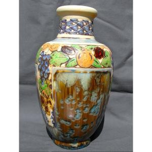 Very Beautiful Vase By The Mougin Brothers With Fruit And Crystallization Decor, Daum Nancy Era 1920