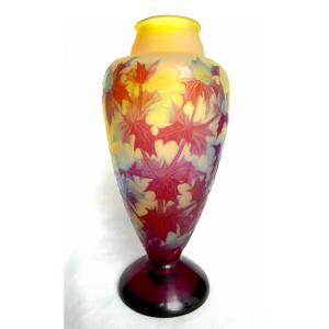 Pretty Vase With Blue And Purple Thistles, 25 Cm, Perfect, Era Daum Galle 1910