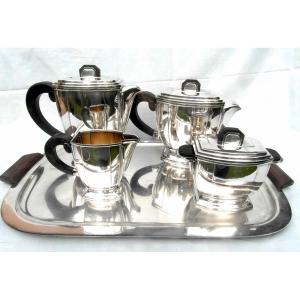 Superbe Service à The Et Café Art-deco Par Ravinet d'Enfert, 5 Pièces, Vers 1925, Metal Argenté