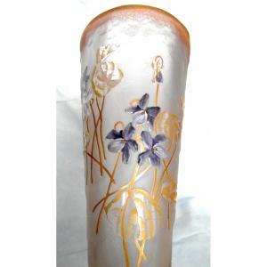 Beautiful Large Cornet Vase "violets Aux Vents" By Montjoye, 40 Cm, Perfect, Era Legras Daum 1900