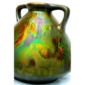 Beautiful And Rare Iridescent Montières Vase, "hut In The Jungle", Perfect, Massier Galle Era 1920