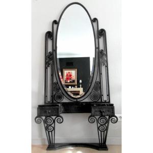 Sublime Console And Its Art-deco Mirror In Wrought Iron And Marble, Era Kiss Brandt 1920