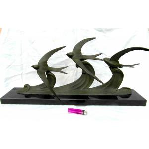 Large Bronze Subject "swallows In Flight" By J.brault, Perfect, 70 Cm, Art-deco Barye Era