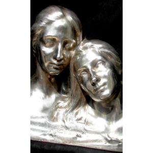 Nice Group In Silver Bronze "tenderness" By Coutheillas, Era Daum 1900 Siot