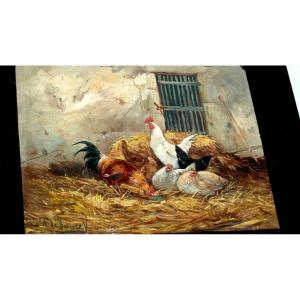 Charming Oil On Panel "rooster" By Philippe Albin De Buncey, Around 1930