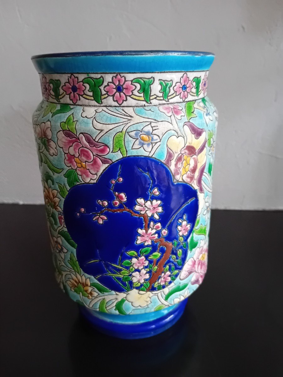 Longwy Vase On Pedestal In Enamels, Late 19th Century -photo-3