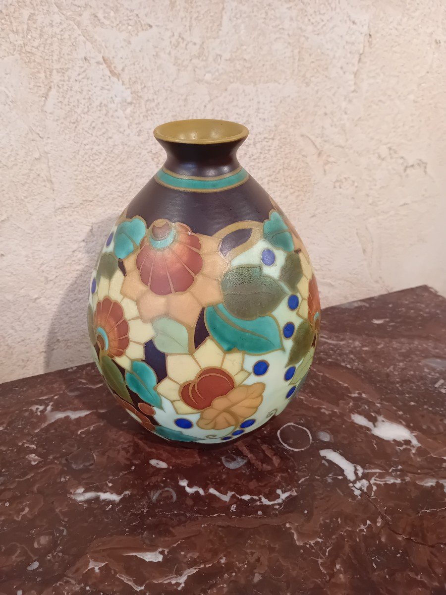 Keramis Vase Boule A Decor De Fleurs Stylisees Vers 1930 