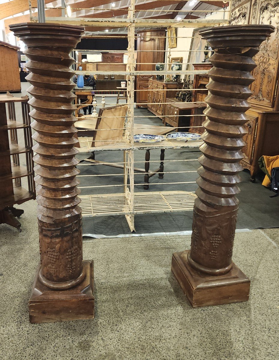 Pair Of Walnut Press Screws With Vine Decor In The Lower Part