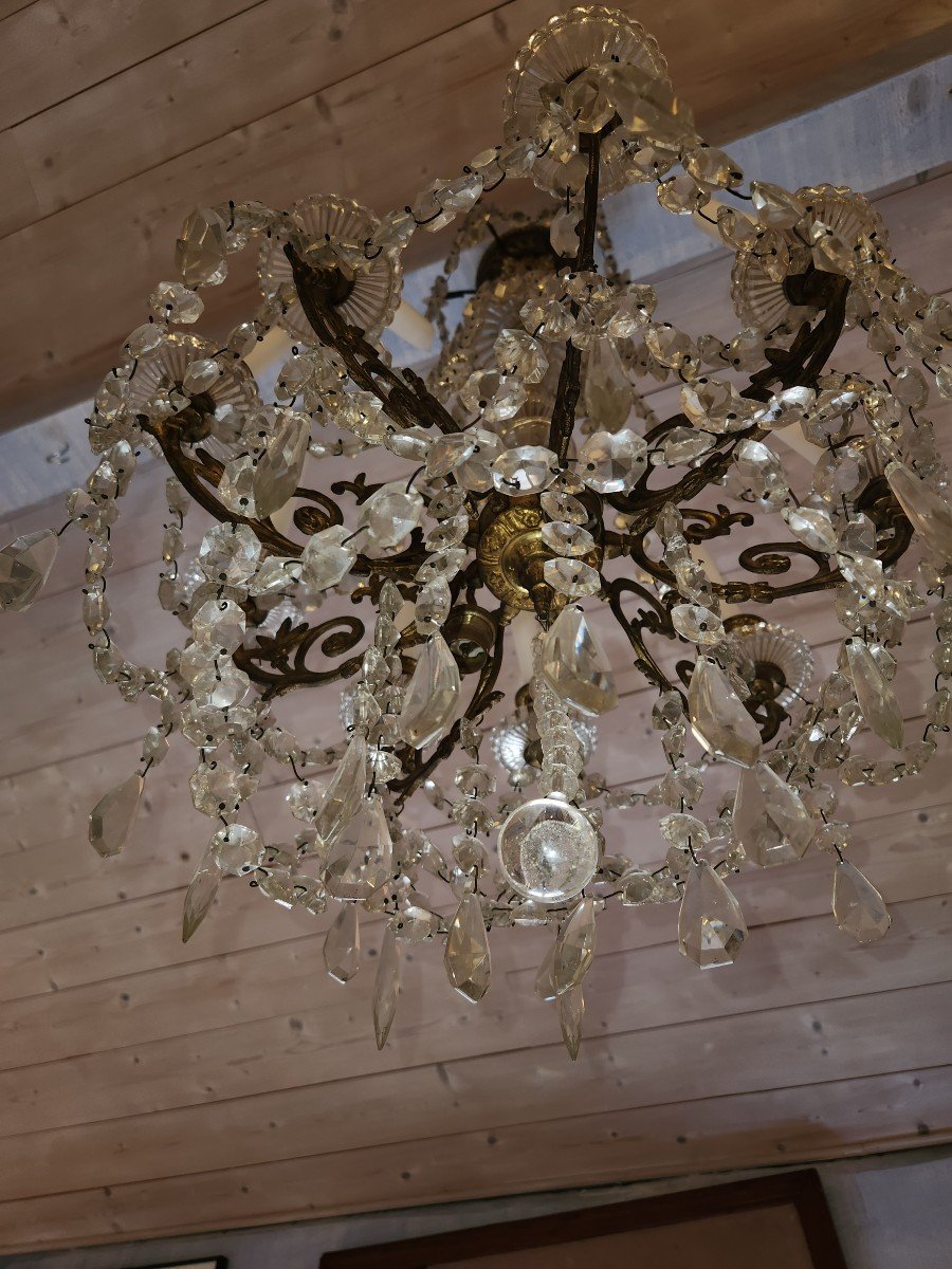 Imposing Chandelier With Crystal Tassels And Bronze Mount From The 19th -photo-2
