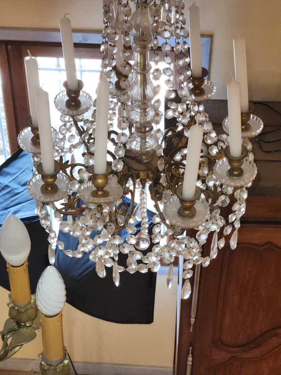 Imposing Chandelier With Crystal Tassels And Bronze Mount From The 19th -photo-6