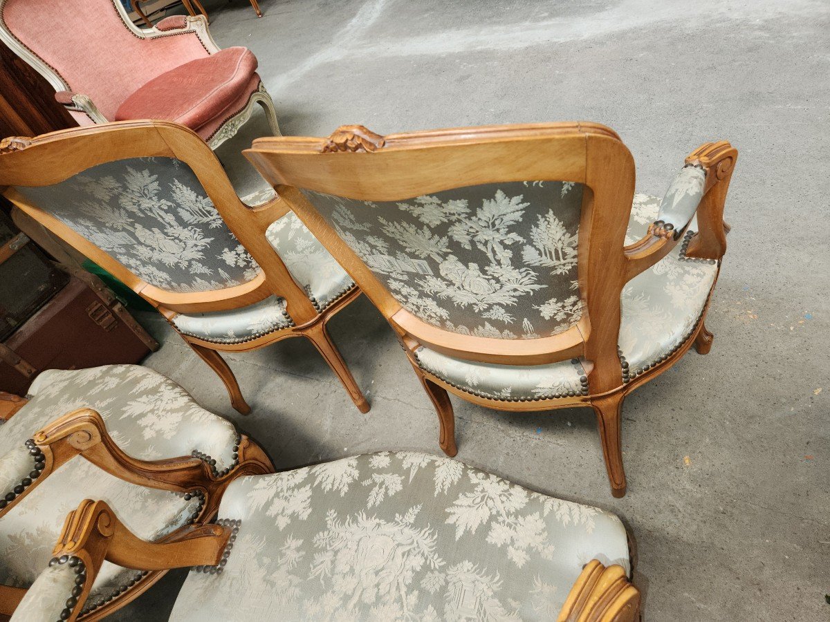 4 Louis XV Armchairs With Blue Silk Fabrics Circa 2920-photo-3