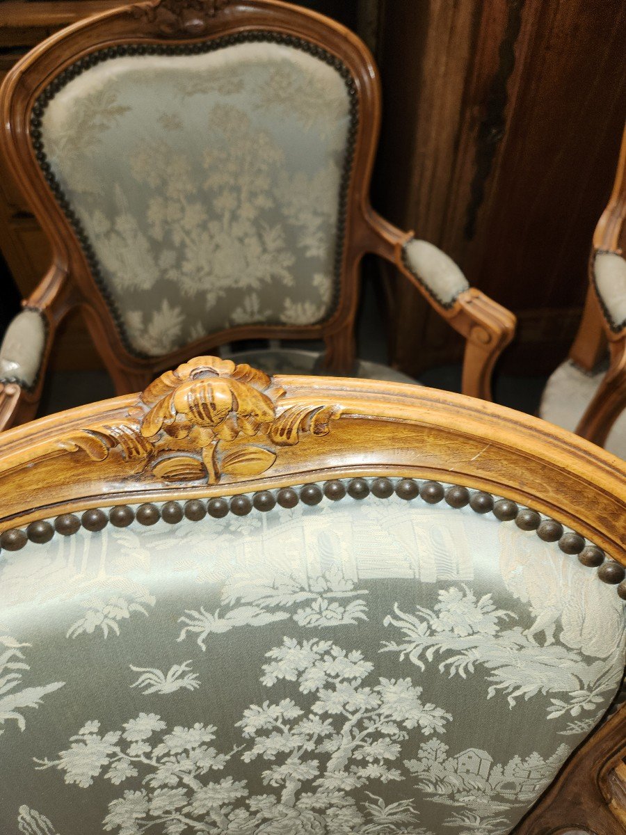 4 Louis XV Armchairs With Blue Silk Fabrics Circa 2920-photo-2