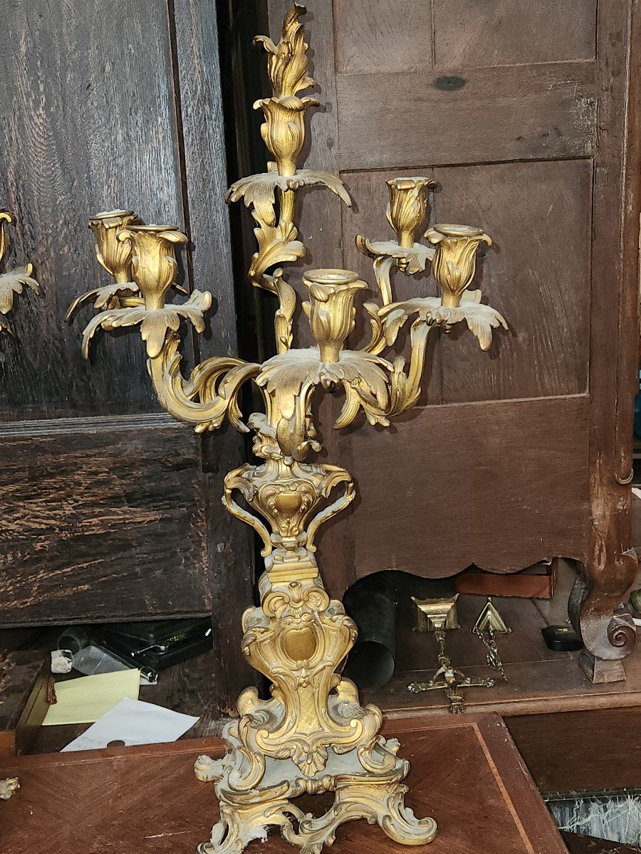 Pair Of Large Louis XV Bronze Candelabra From The Napoleon III Period With 6 Arms Of Light -photo-2