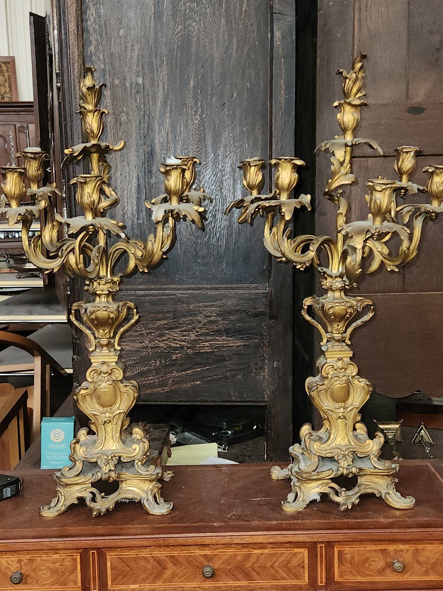 Paire De Grands Candélabres En Bronze Louis XV d'époque Napoléon III à 6 Bras De Lumière -photo-4