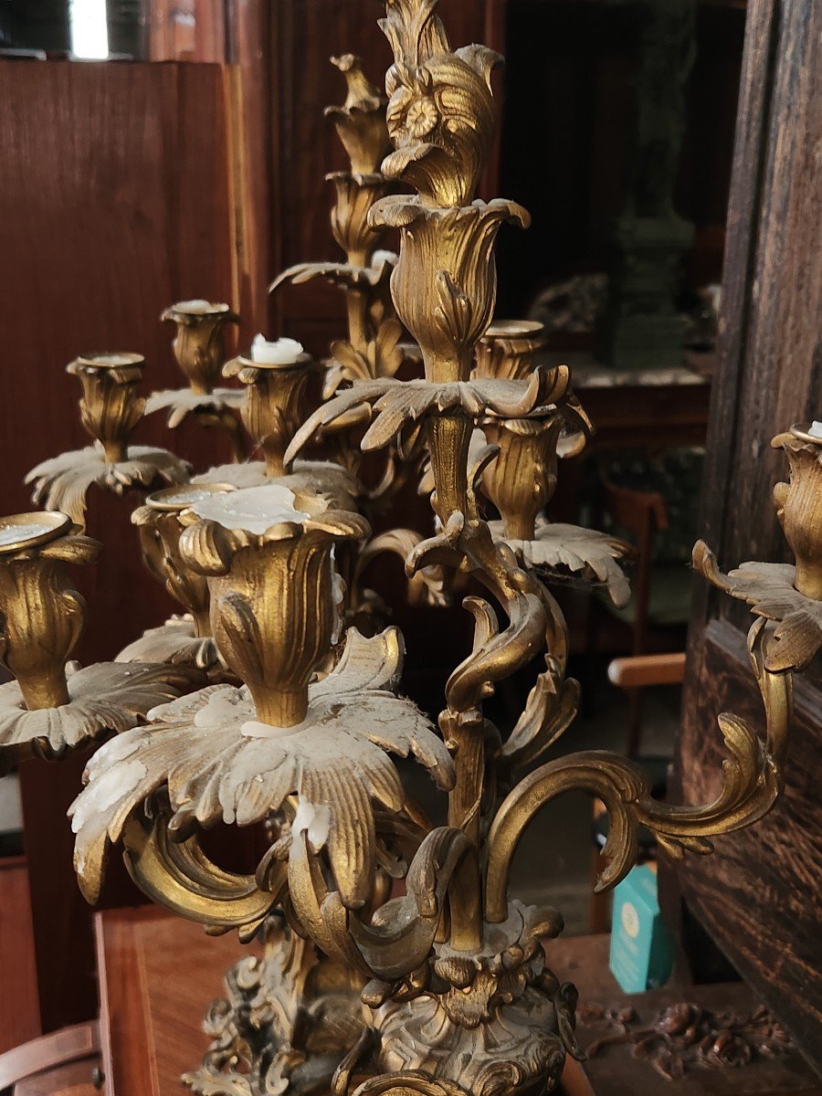 Paire De Grands Candélabres En Bronze Louis XV d'époque Napoléon III à 6 Bras De Lumière -photo-2