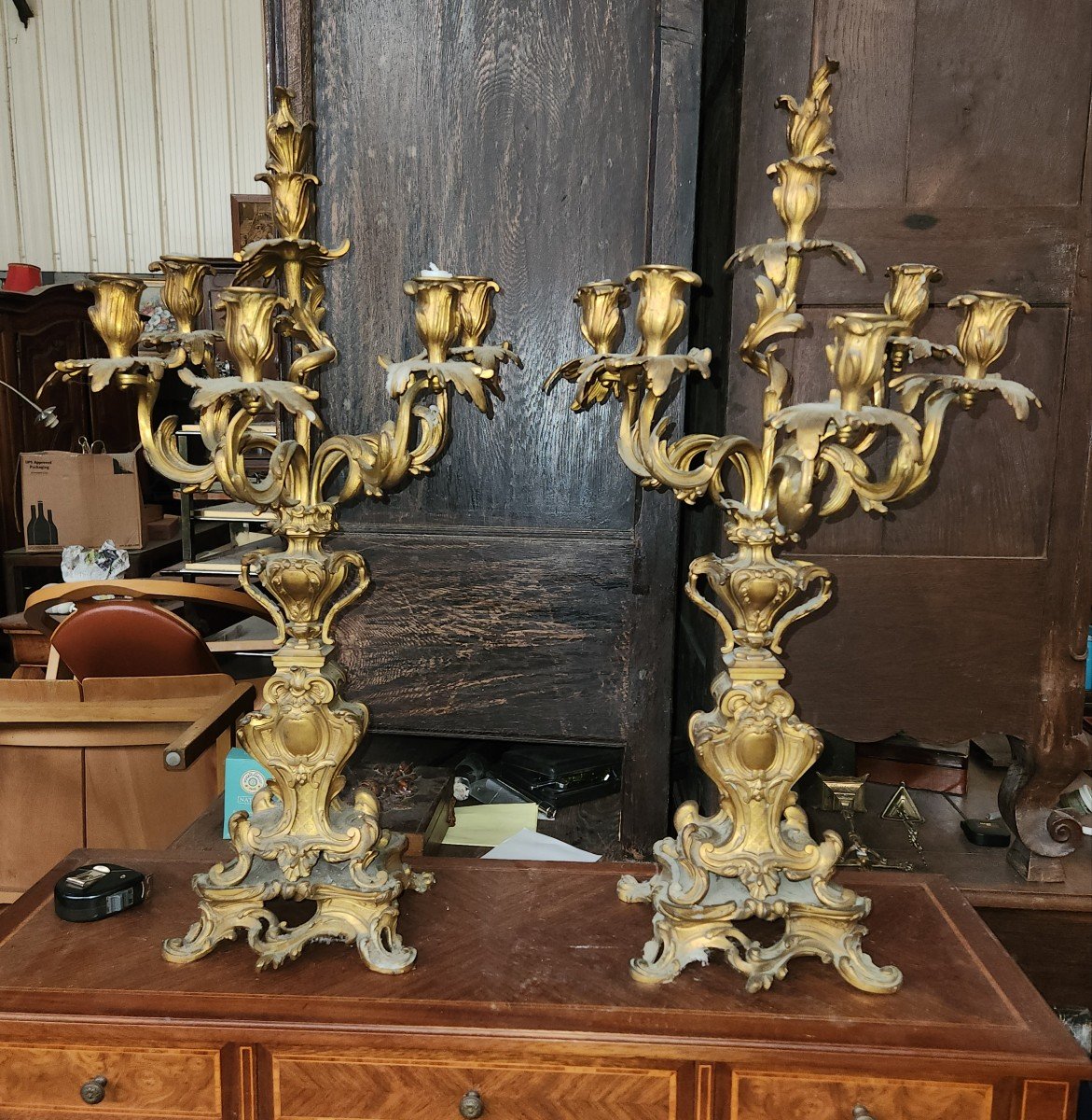 Pair Of Large Louis XV Bronze Candelabra From The Napoleon III Period With 6 Arms Of Light 