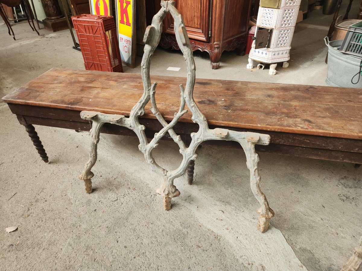 Exceptional Double Cast Iron Chateau Bench Base With Branch Decor, Late 19th Century -photo-1