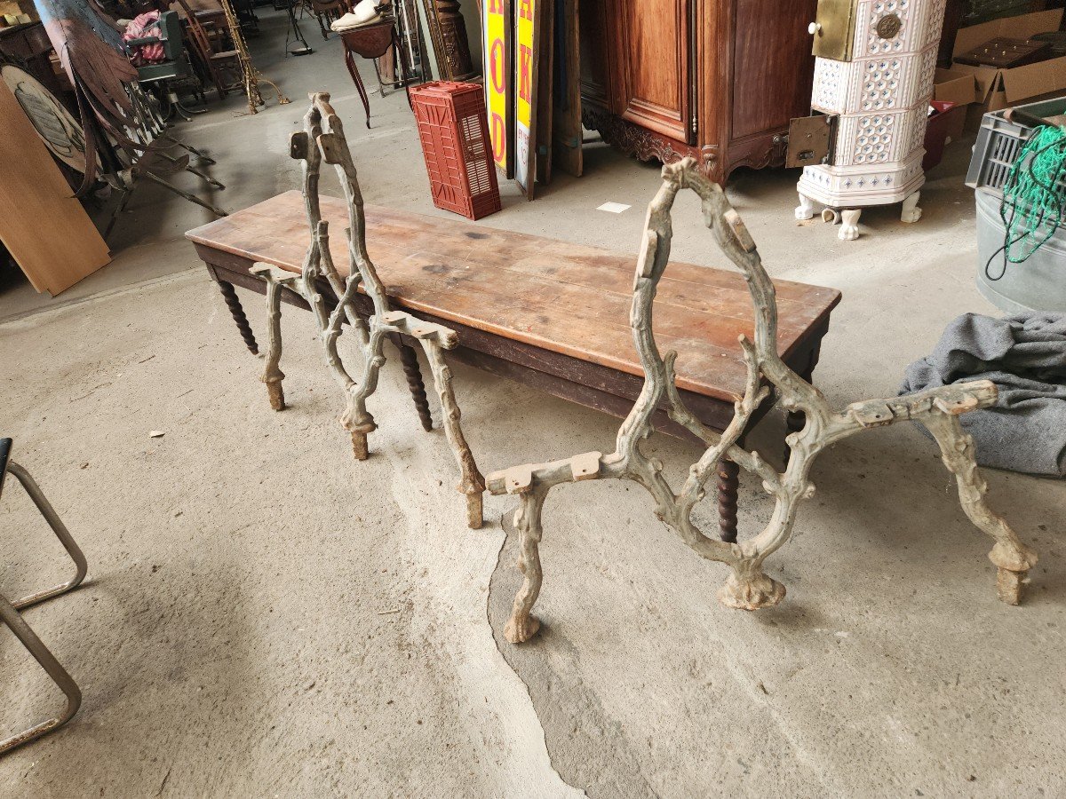 Exceptional Double Cast Iron Chateau Bench Base With Branch Decor, Late 19th Century -photo-2