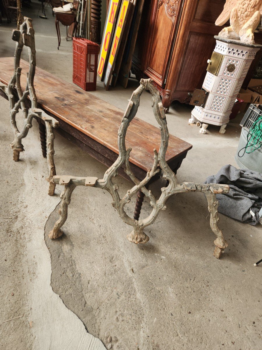 Exceptional Double Cast Iron Chateau Bench Base With Branch Decor, Late 19th Century -photo-3