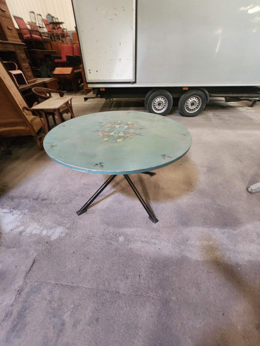 Round Table With Its Painted Top With Alsatian Decor From The 70s/80s-photo-3