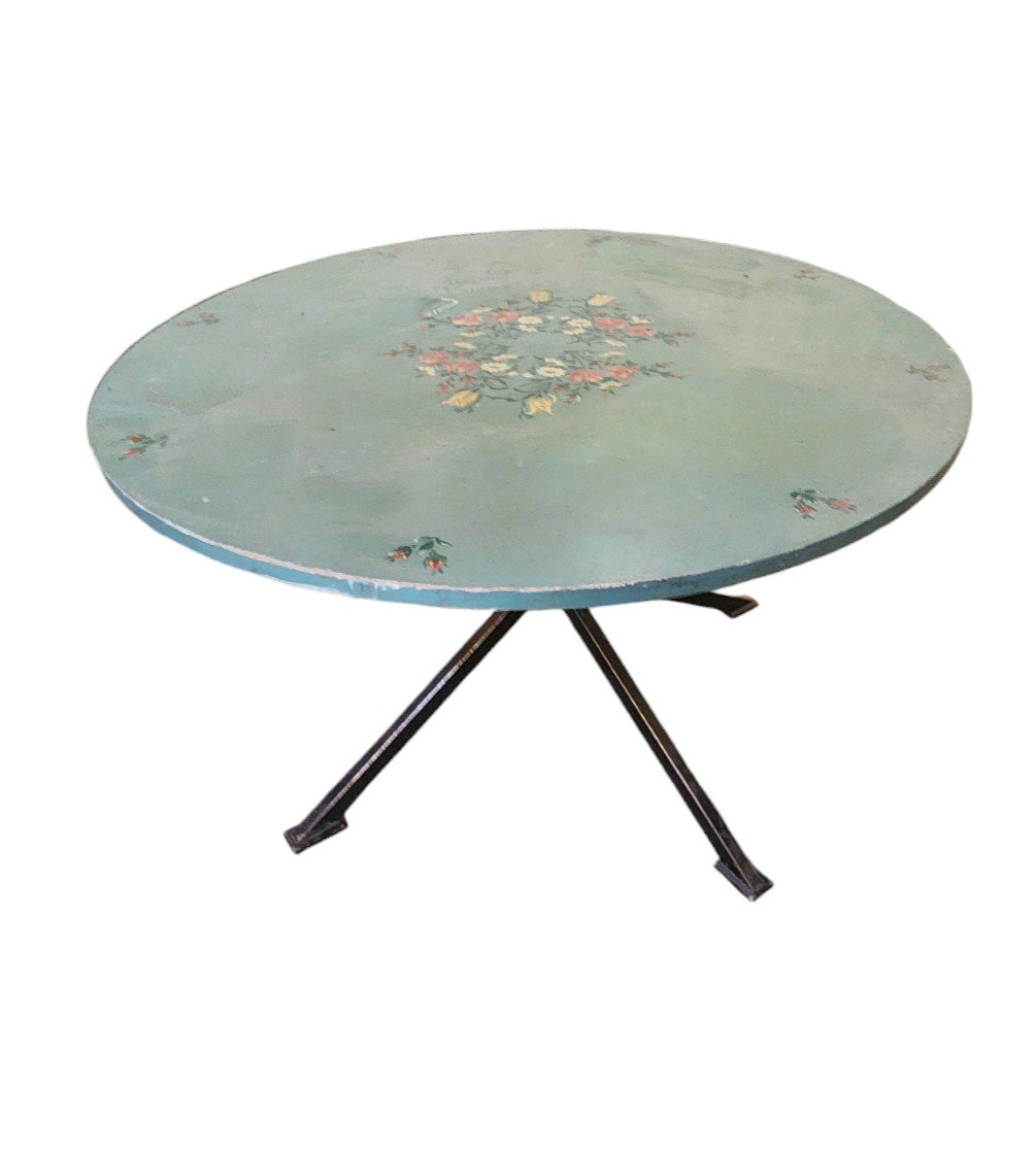 Round Table With Its Painted Top With Alsatian Decor From The 70s/80s