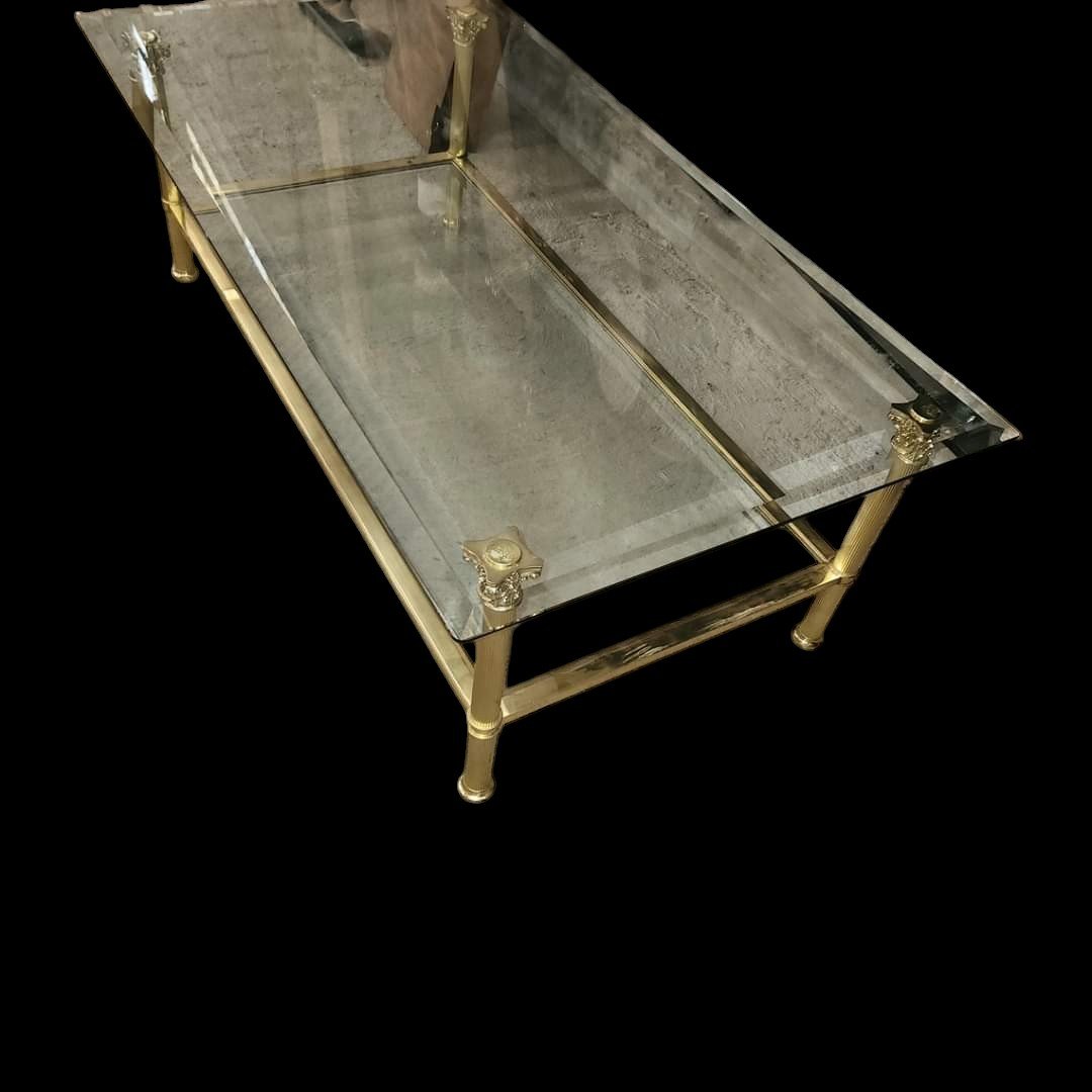 Coffee Table Attributed To Jansen 2 Glass Trays Brass Legs From Corinthian Column Man-photo-2