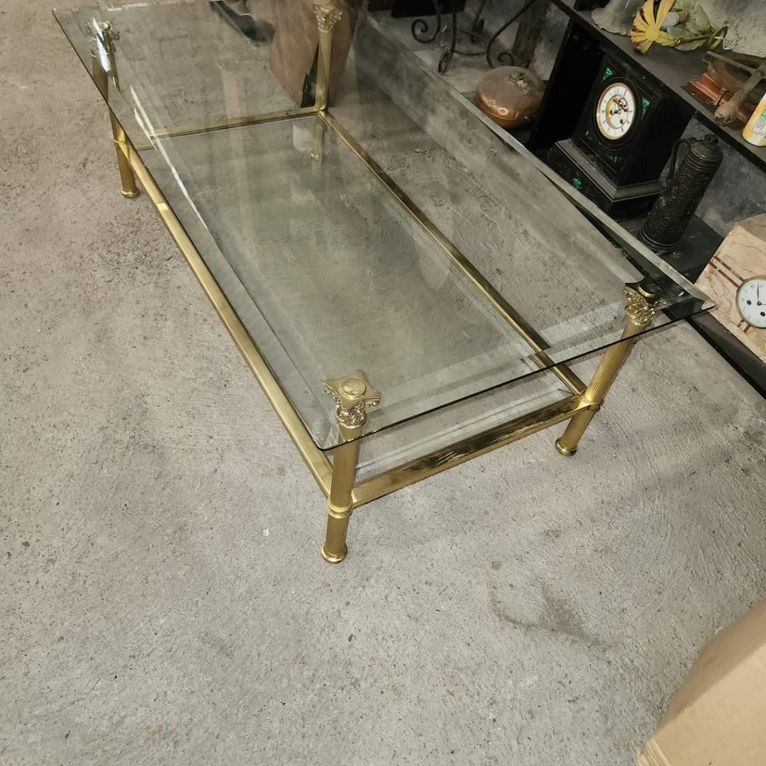 Coffee Table Attributed To Jansen 2 Glass Trays Brass Legs From Corinthian Column Man-photo-3