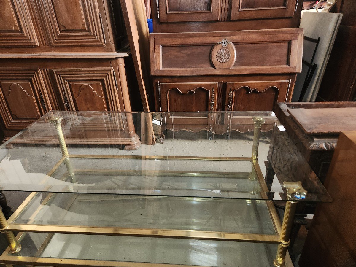 Coffee Table Attributed To Jansen 2 Glass Trays Brass Legs From Corinthian Column Man-photo-3