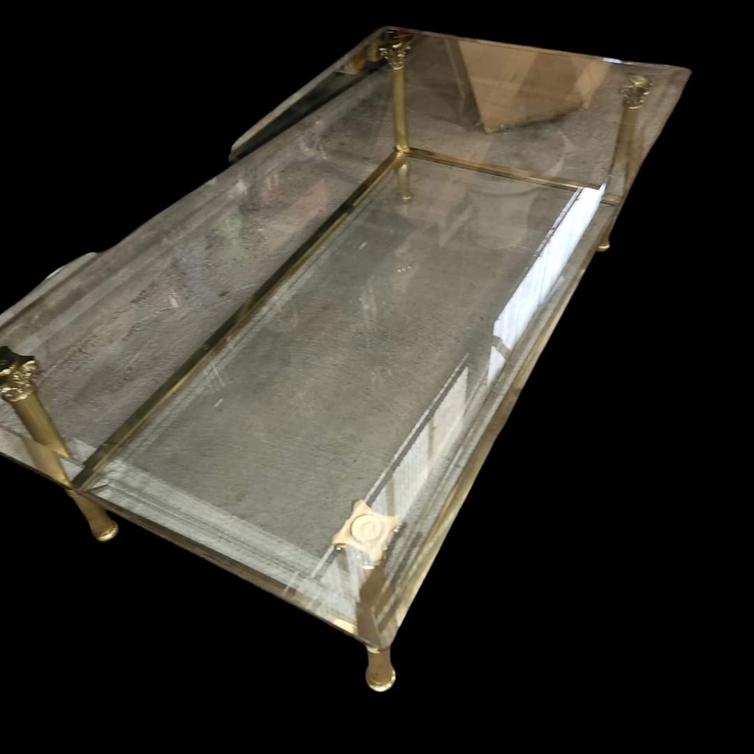 Coffee Table Attributed To Jansen 2 Glass Trays Brass Legs From Corinthian Column Man