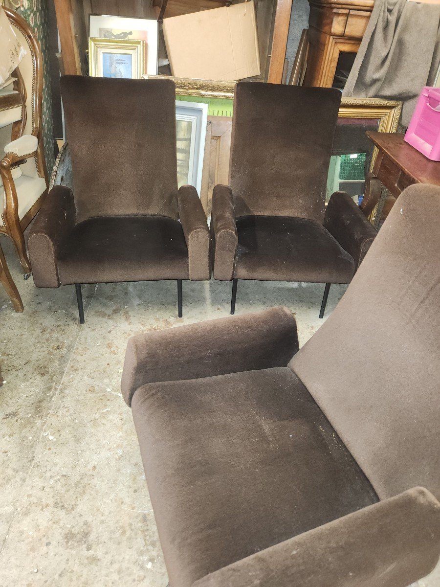 3 Armchairs From The 60s In Brown Velvet In Very Good Condition -photo-4