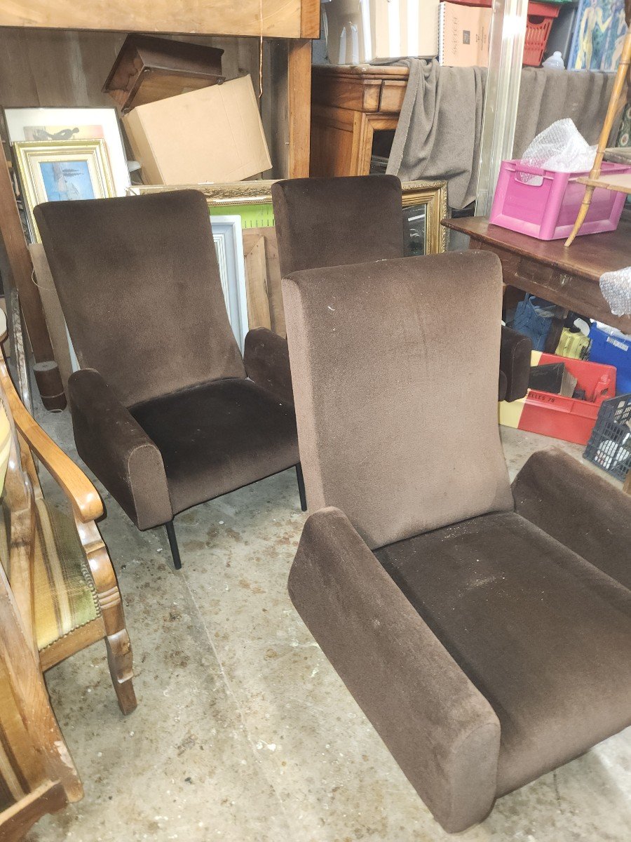 3 Armchairs From The 60s In Brown Velvet In Very Good Condition -photo-5