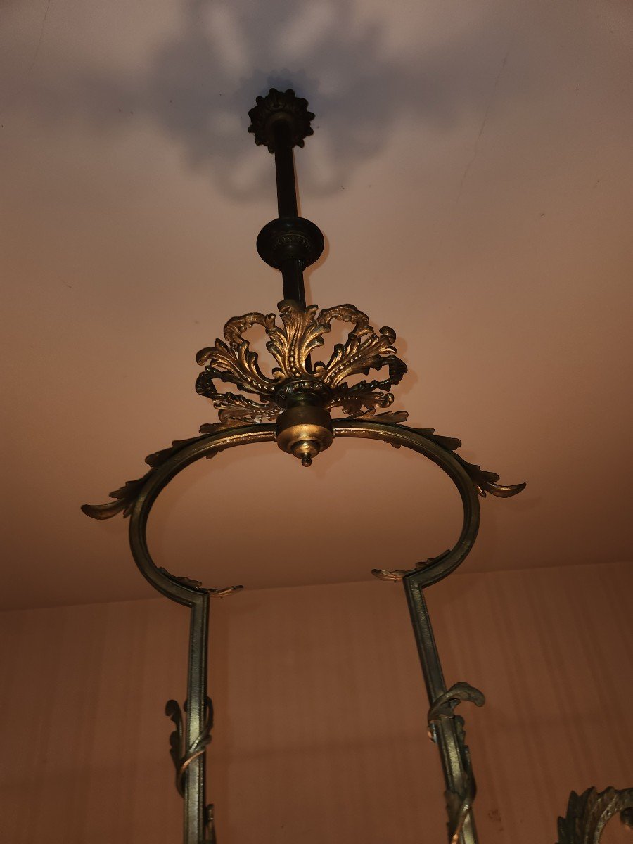 Billiard Chandelier Bronze Frame And Frosted And Cut Glassware From The Late 19th Century-photo-2