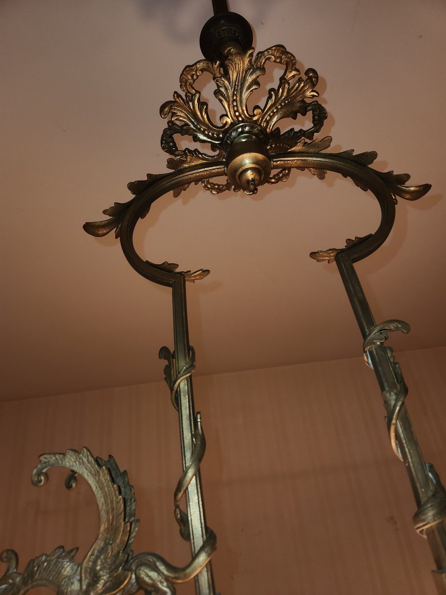 Billiard Chandelier Bronze Frame And Frosted And Cut Glassware From The Late 19th Century-photo-3