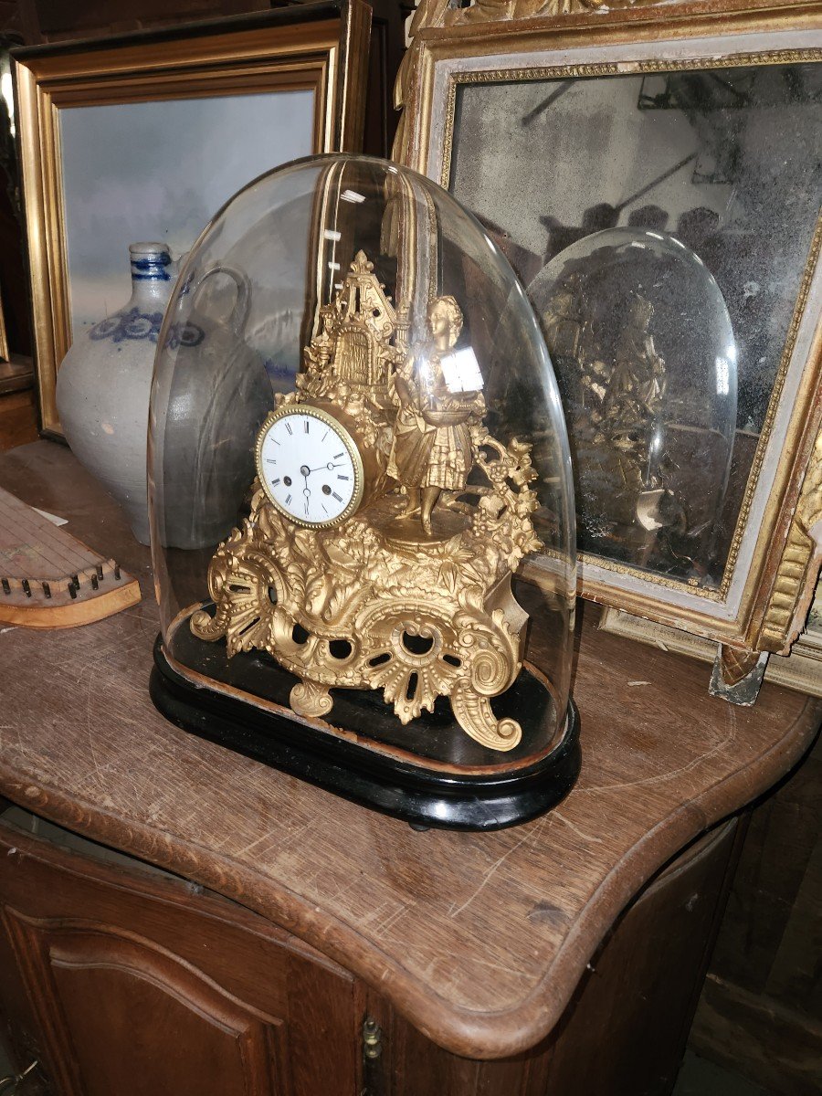 Gilded Enregile Clock Under Its Glass Globe From The Napoleon 3rd Period-photo-2