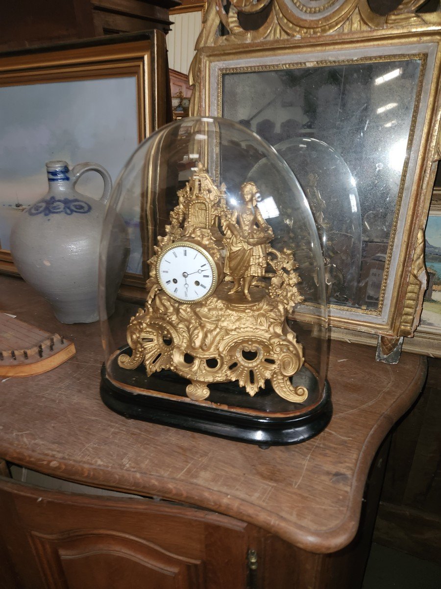 Gilded Enregile Clock Under Its Glass Globe From The Napoleon 3rd Period-photo-3