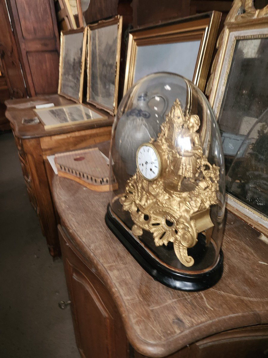 Gilded Enregile Clock Under Its Glass Globe From The Napoleon 3rd Period-photo-4