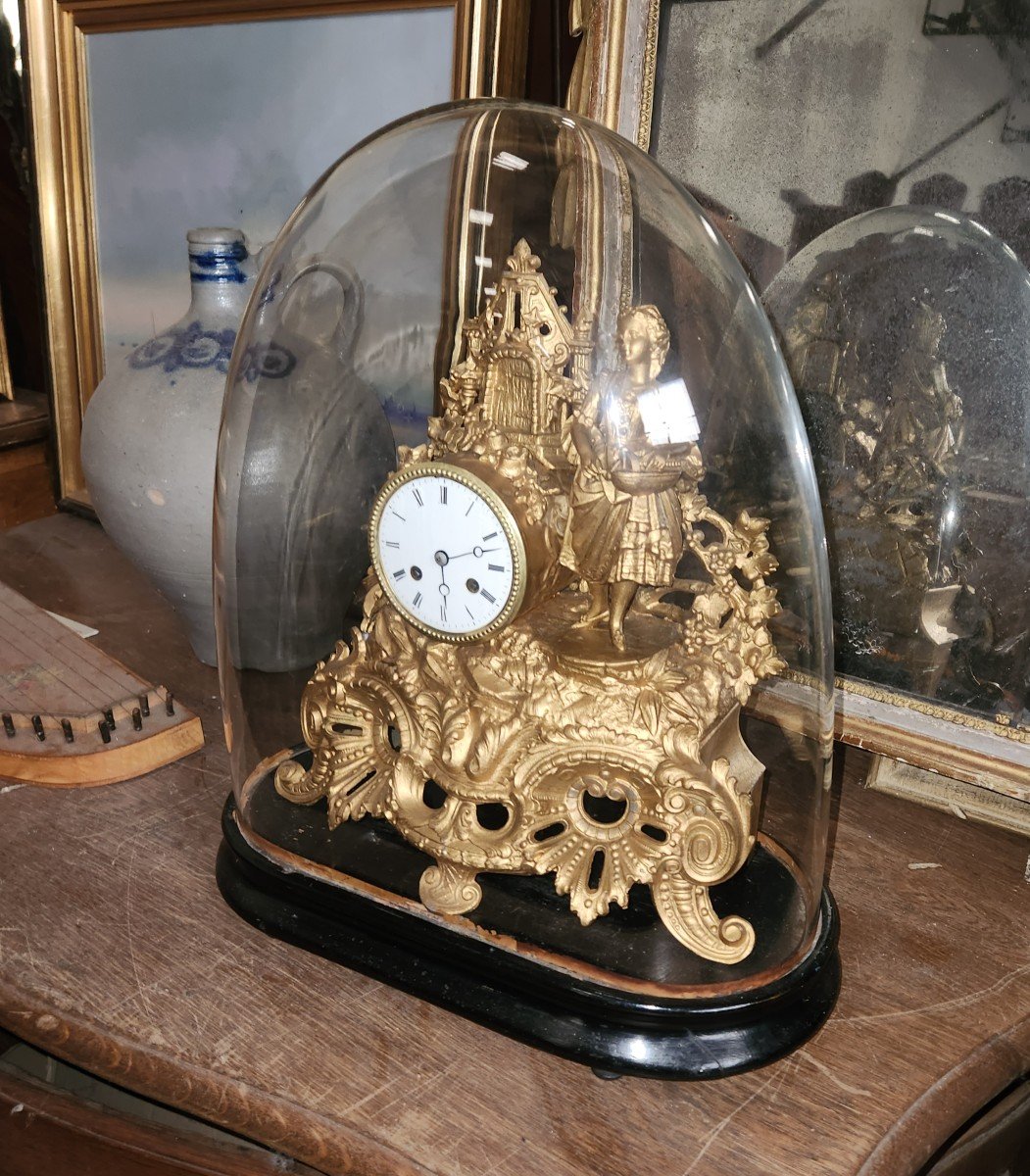 Gilded Enregile Clock Under Its Glass Globe From The Napoleon 3rd Period