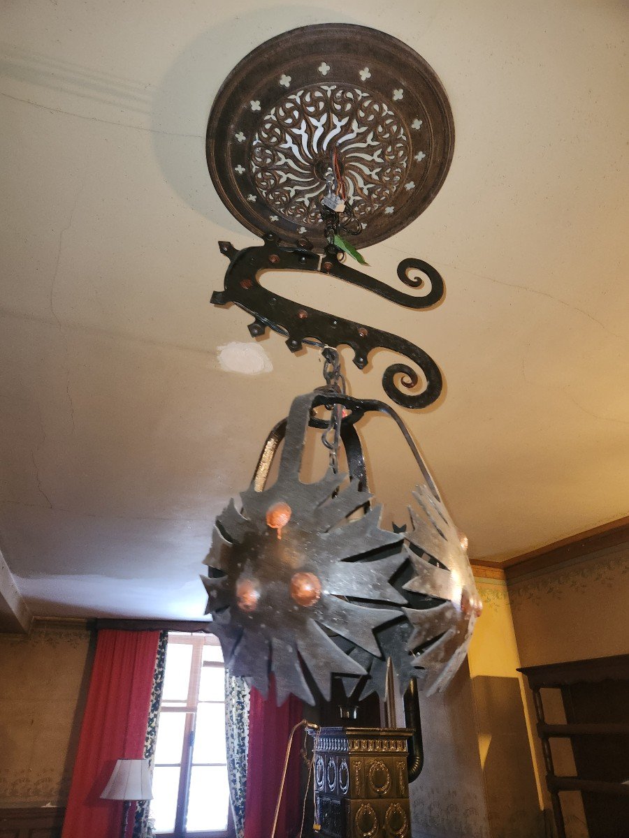 60s Wrought Iron Chandelier Brutalist Art -photo-1