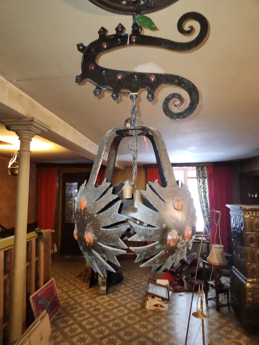 60s Wrought Iron Chandelier Brutalist Art -photo-2